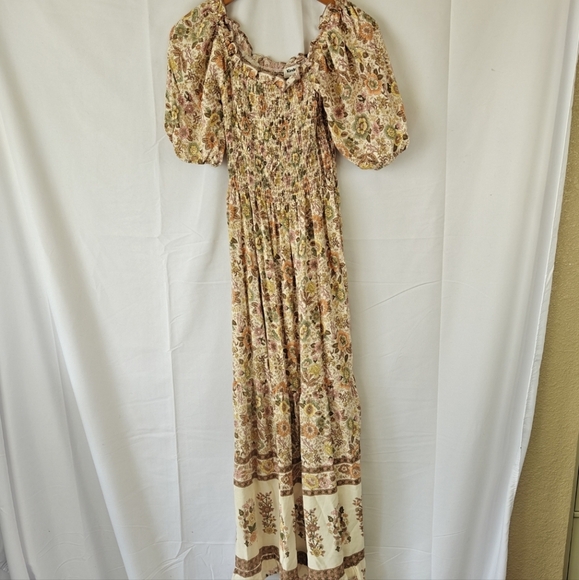 Anthropologie Kindred Shirred Puff Sleeves Midi Dress In Cream Floral Print Sz S - Picture 4 of 9